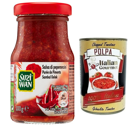 Suzi Wan Salsa di Peperoncini, Chilli Sauce, Hot Sauce, Ideal for Typical Oriental Dishes, Glass 100 g + Italian Gourmet Polpa di Pomodoro 400 g Tin