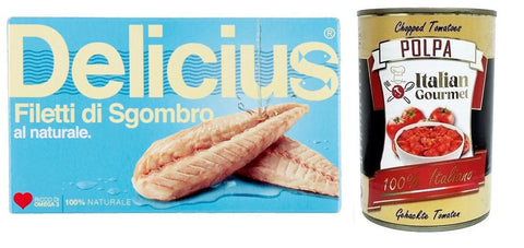 25 x Delicius Filetti di Sgombro al Naturale, Natural Mackerel Fillets, Rich in Omega 3, High-Quality Blue Fish, 125 g + Italian Gourmet Polpa di Pomodoro 400 g Tin
