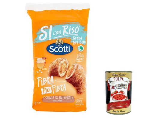 6 x Riso Scotti - Si con Riso - Cornetti lactose-free fibre plus fibre whole grain croissant with honey 250 g + Italian gourmet polpa 400 g