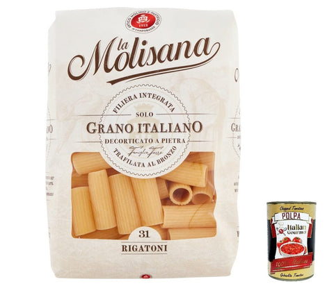 La Molisana Rigatoni N. 31 Pasta Lenta Lavorazione Pasta Made of Durum Wheat Semolina Bronze Drawing 500 g + Italian Gourmet Polpa 400 g Pack of 20