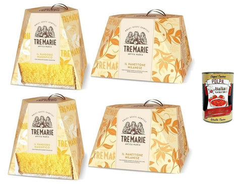 Tre Marie Test Pack - 2 x Il Pandoro Magnifico 750 g + 2 x Il Panettone Milanese 750 g - Italian Christmas Cake in Gift Set of 4 - Soft & Scented - Made in Italy + Italian Gourmet Polpa 400 g