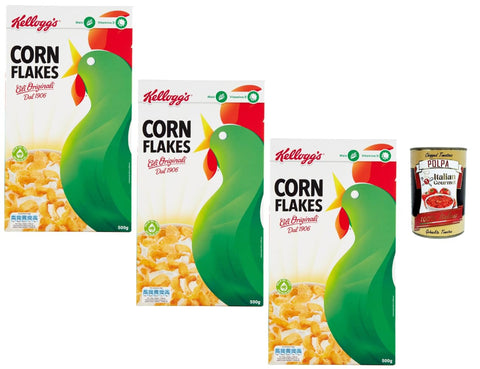 Corn Flakes Breakfast Cereals Crispy Corn Flakes Family Pack 3 x 500 g without Palm Oil with Vitamin D High Fibre from Italy + Italian Gourmet Polpa