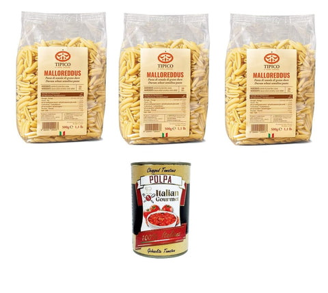 Tipico di Sardegna- Malloreddus Durum Wheat Semolina Pasta - 3 x 500 g + Italian Gourmet Polpa di Pomodoro 400 g