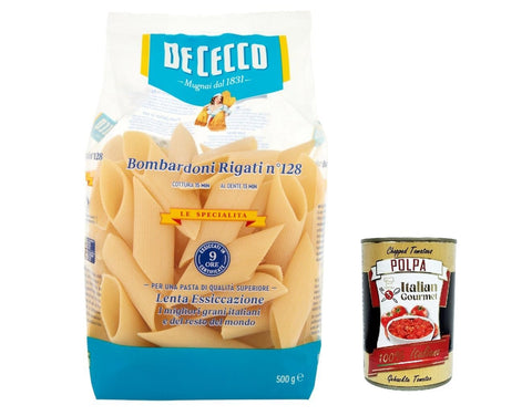 3 x Pasta De Cecco 100% Italian Pasta, Bombardoni Rigati n 128 Pasta 500 g + Italian Gourmet Polpa 400 g