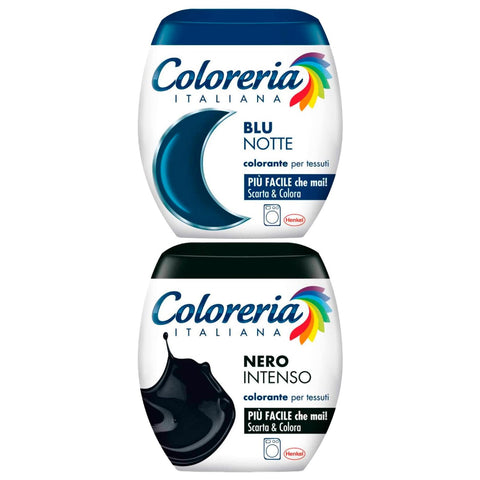 Coloreria Italiana Dye for Machine Fabrics Intense Black All-in-One Formula + Italian Coloreria Night Blue for Cotton Linen and Viscose – 2 Single Dose Packs
