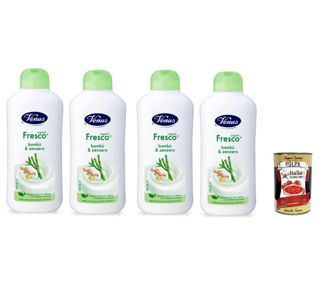 4 x Venus Bagnodoccia Shower Gel Fresh with Bamboo and Ginger - Soft, Smooth and Velvety Skin - Body Cleanser 650 ml + Italian Gourmet Polpa 400 g