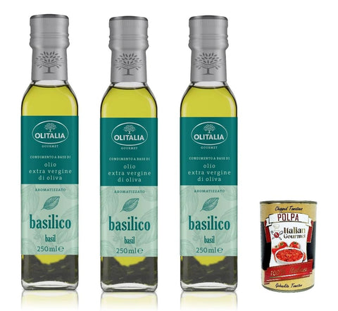 Olitalia Olio Condimento a Base di olio extra vergine di oliva all'aroma di Basilico, Extra Virgin Olive Oil Basil Flavour 3 x 250 ml + Italian Gourmet Polpa 400 g