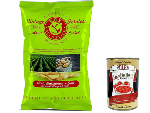 10 x Fox Natural Quality Vintage Potatoes Balsamic Vinegar and Sea Salt, Italian Handmade Potato Crisps Chips 120 g + Italian Gourmet Polpa 400 g