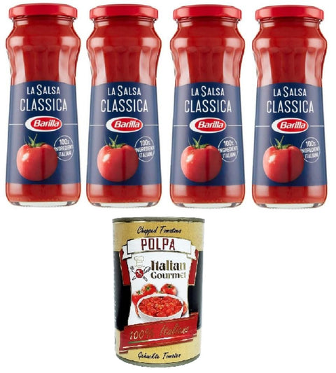 Barilla - Sugo Salsa Pronta Classica, Classic Ready Sauce, with Tomatoes and Extra Virgin Olive Oil, Gluten Free - 4 x 300 g + Italian Gourmet Polpa 400 g