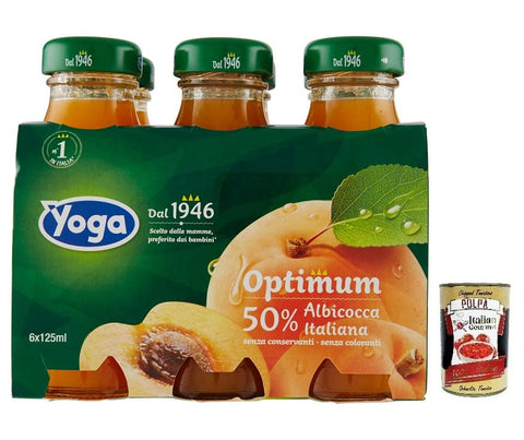 6 x Yoga Optimum Albicocca, Gluten-Free Apricot Fruit Juice, Refreshing Drink, Disposable Glass Bottle 125 ml + Italian Gourmet Polpa di Pomodoro 400 g Tin