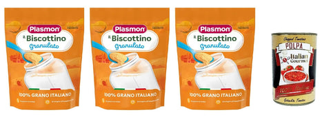 Plasmon Biscottino Granulato, dal 6° mese, 100% Italian Grano, 3 x 350 g + Italian Gourmet Polpa 400 g