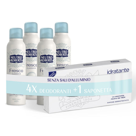 Neutro Roberts, Classic Fresh Deodorant Spray, Zero Aluminium Salts, Zero Stains, with Pure Glycerin Oil, Deodorant for Men and Women, Dermatologically Tested, 48h - 4 Pieces of 150 ml