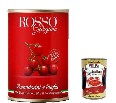 48 x Rosso Gargano Pomodorini di Puglia, Cherry Tomato Tomato Sauce, 100% Italian, 400 g in Tin + Italian Gourmet Polpa 400 g