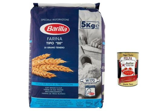Barilla Farina Tipo 00 Soft Wheat Flour W170 All Purpose Flour 1 x 5 kg Bag for Pizza Bread Cake Pasta Professional Quality Family Pack + Italian Gourmet Polpa
