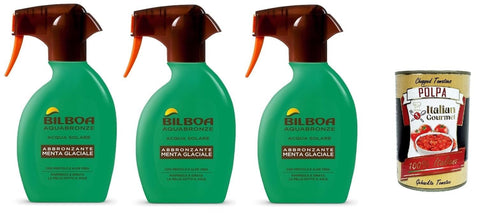 Bilboa Aquabronze Glacier Mint Tanning Spray with Menthol and Aloe Vera, Refreshes and Moisturises the Skin, Ideal for Dark and Tanned Skin, 3 x 250 ml + Italian Gourmet Polpa 400 g