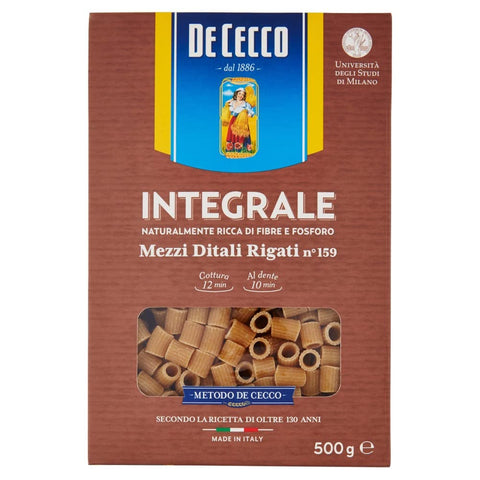 De Cecco Mezzi Ditali Rigati Integrali n 159 Whole Grain Italian Pasta, 500 g, Pack of 20