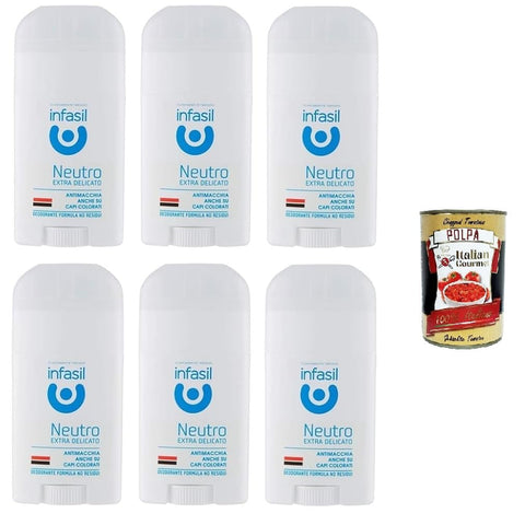 Infasil Neutro Extra Delicato Deodorant Stick - Deodorant Without Aluminium Salts, 6 x 50 ml + Italian Gourmet Polpa 400 g