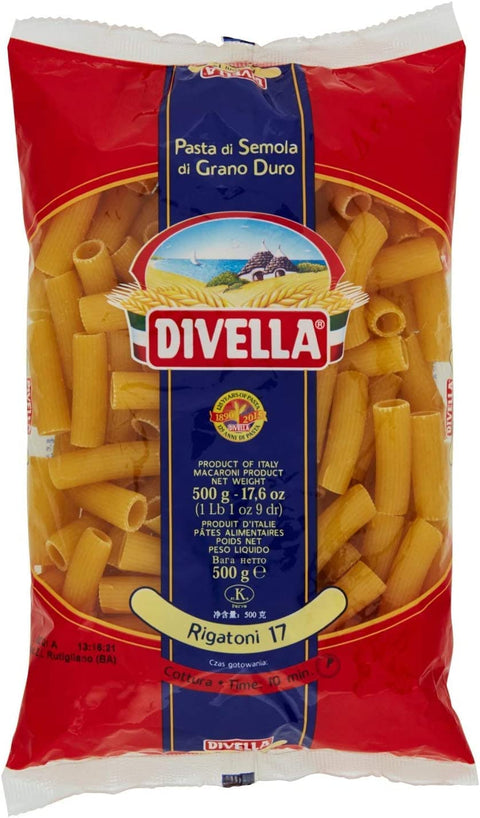 Divella Rigatoni N. 17 Durum Wheat Semolina Pasta, Italian Pasta, 500 g Pack + Italian Gourmet Polpa di Pomodoro 400 g Tub, Pack of 24