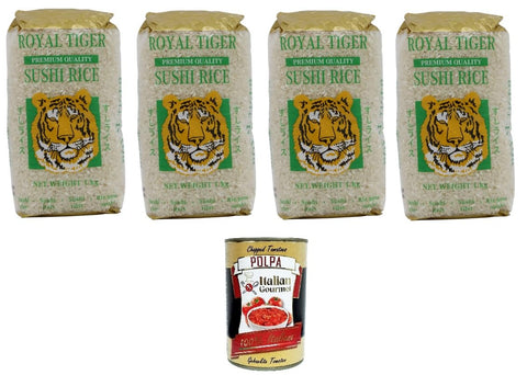 Royal Tiger Riso per Sushi Premium Quality Royal Tiger Sushi Rice in Premium Quality 4 x 1 kg + Italian Gourmet Polpa di Pomodoro 400 g Tin