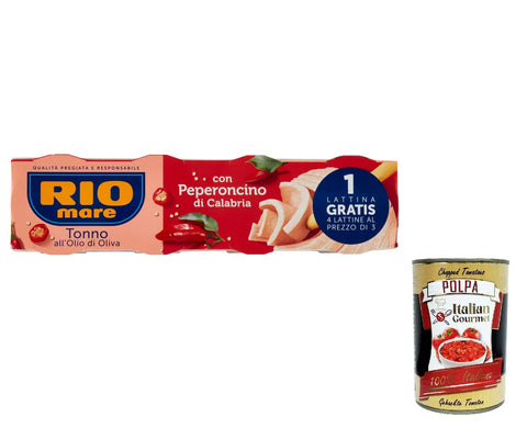 12 x Rio mare Tonno all'Olio di Oliva with Peperoncino di Calabria Tonno all'Olio di Oliva con Peperoncino di Calabria 80 g + Italian Gourmet polpa 400 g