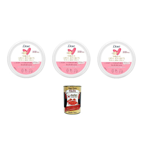 Dove Body Love One Cream for Face, Hands & Body Light Hidrating Care 250 ml, Light Moisturising Cream for Body, Hands and Face 3 x 250 ml + Italian Gourmet Polpa 400 g