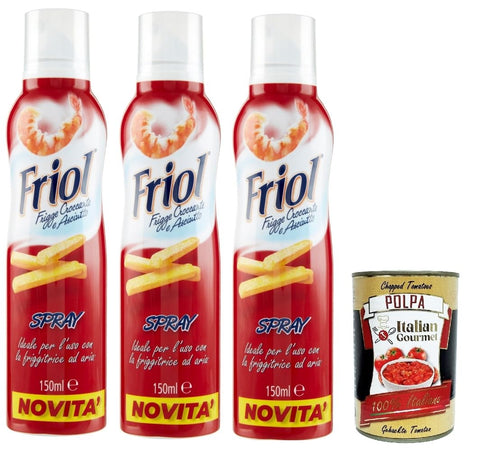 Friol Olio Spray, Spray Oil, Ideal for Use with the Hot Air Fryer, for Crispy and Dry Fried Food 3 x 150 ml + Italian Gourmet Polpa 400 g