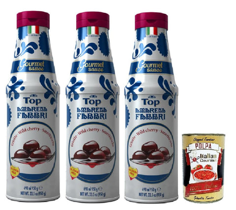 Fabbri top amarena, gourmet sauce topping Amarena black cherry sweet and sour cherry sauce for garnishing and coating ice cream and desserts, 3 x 950 g + Italian gourmet polpa 400 g
