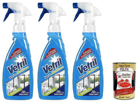 3 x Vetril surface cleaning spray with ammonia, degreasing effect and shine without traces, 650 ml + Italian Gourmet polpa 400 g