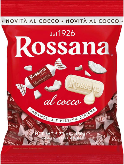 6 x Rossana al Cocco Caramelle Candies Hard Sweets with Creamy Filling Based on Milk and Coconut 150 g Bag + Italian Gourmet Polpa di Pomodoro 400 g Tin