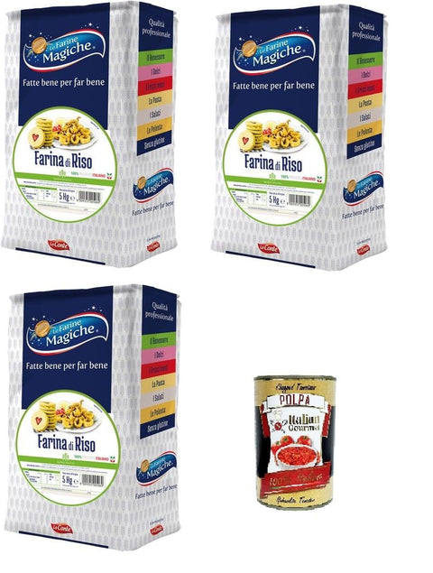 Lo Conte Le Farine Magiche Rice Flour 3 x 5 kg 100% Italian Product Gluten Free + Italian Gourmet Polpa 400g