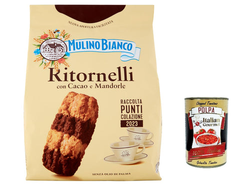 12 x Mulino Bianco Ritornelli Biscuits with Cocoa and Almonds for a Delicious Breakfast - Biscuits Cookies 700 g + Italian Gourmet Polpa 400 g