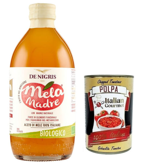 De Nigris Mela Madre Aceto di Mele Biologico, Organic Apple Vinegar, 100% Italian Apples, 500 ml + Italian Gourmet Polpa di Pomodoro 400 g Tin