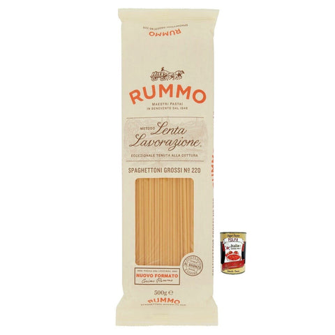 Rummo Spaghettoni Grossi N°220 Pasta Lenta Lavorazione Pasta Made of Durum Wheat Semolina Bronze Drawing 500g + Italian Gourmet Polpa di Pomodoro 400g Tin