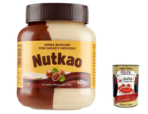 Nutkao Crema Bicolore Cacao, Nocciole e Vaniglia, Spreadable Cream Cocoa with Hazelnuts and Vanilla, 400 g Glass + Italian Gourmet Polpa 400 g, Pack of 6