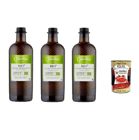Carapelli, olio extra virgin di oliva 1L, high-quality extra virgin olive oil, derived from olives from countries of the European Union 3 x 1 L + Italian gourmet polpa 400 g