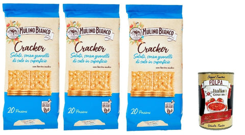 Mulino Bianco Barilla Crackers Crackers Non Salati with Reduced Salt Content, 3 x 500 g, Savoury Snack Biscuits from Italy + Italian Gourmet Polpa 400 g