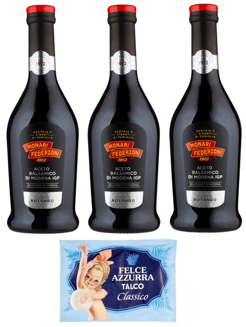 Pack of 3 Monari Federzoni Aceto Balsamico di Modena I.G.P.Gusto Rotondo, Balsamic Vinegar from Modena I.G.P. 500 ml Glass Bottle + 1 Pack Free Felce Azzurra Talcum Powder, 100 g Bag