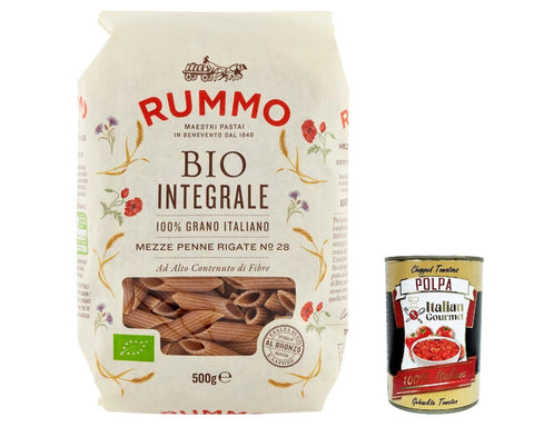 Rummo Pasta Integrale Mezze Penne Rigate N. 28, Whole Grain Pasta, Italian Pasta, 500 g + Italian Gourmet Polpa 400 g, Pack of 10
