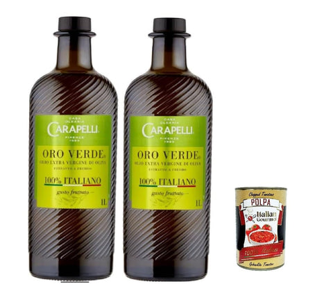 Carapelli Oro Verde Extra Virgin Olive Oil, 100% Italian, 2 x 1 Litre Bottles + Italian Gourmet Polpa 400g
