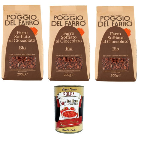 Poggio del Farro Soffiato al Cioccolato Puffed Spelt with Chocolate 3 x 200 g + Italian Gourmet Polpa 400 g