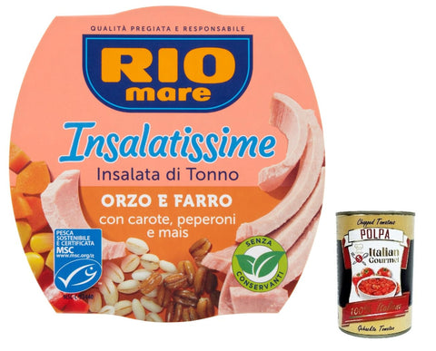 3 x Rio Mare Insalatissime Orzo Farro e Tonno Barley, Spelt and Tuna 160 g with Carrots, Peppers and Corn, Ready Meals + Italian Gourmet Polpa 400 g