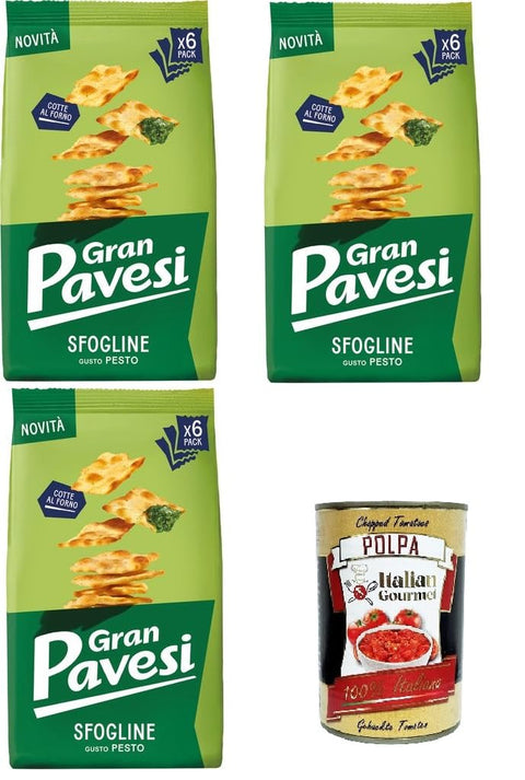 Gran Pavesi Sfogline Snack Croccante di pasta sfoglia al gusto di Pesto Sfogline Crispy Puff Pastry Snack with Pesto Flavour, Baked 3 x 180 g + Italian Gourmet Polpa di Pomodoro 400 g
