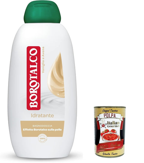 6 x Borotalco Bagnodoccia Idratante Vaniglia e Avena, Body Bath, Moisturising and Wrapping Formula, Borotalco Effect on the Skin, 450 ml + Italian Gourmet Polpa 400 g