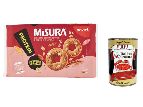 12 x Misura Protein Biscuits with Almonds and Oatmeal, Rich in Vegetable Proteins, Flour from the Italian Supply Chain, Biscuits Cookies 260 g + Italian Gourmet Polpa 400 g