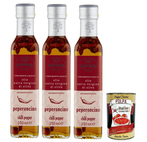 Olitalia Olio Condimento a Base di olio extra virgin di oliva all'aroma di peperoncino, extra virgin olive oil chilli pepper flavour 3 x 250 ml + Italian Gourmet polpa 400 g