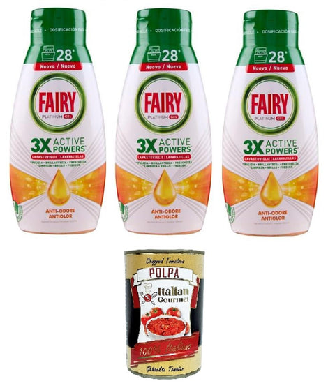 Fairy Anti-Odour Platinum Dishwasher Gel, Dishwasher Liquid with Fresh Citrus Fruits, 28 Washes, 3 x 504 ml + Italian Gourmet Polpa 400 g