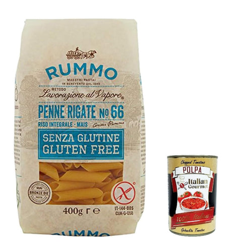 10 x Rummo Pasta Penne Rigate n. 66 Senza Glutine, Gluten Free, 100% Italian Pasta Noodles Gluten-Free 400 g + Italian Gourmet Polpa 400 g