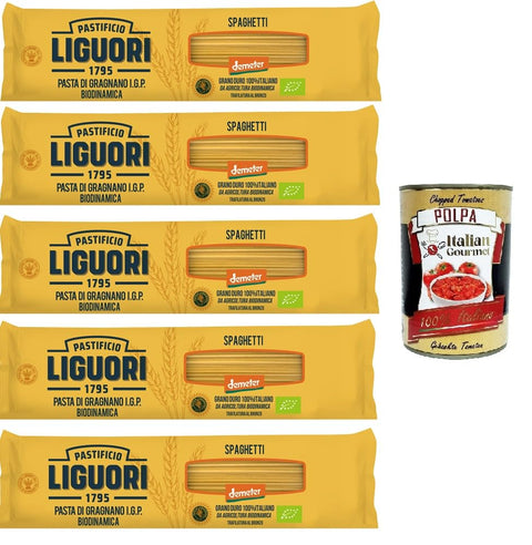Pastificio Liguori, Pasta di Gragnano IGP Biodinamica, Spaghetti Biodynamic Gragnano Pasta with IGP 5 x 400 g + Italian Gourmet Polpa 400 g