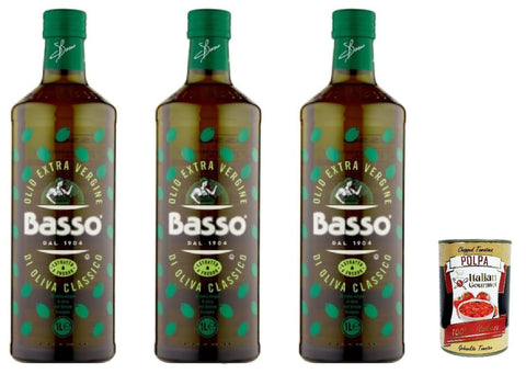 Basso Native Extra Virgin Olive Oil, Classic, Italian, Cold Pressed, 1 L, Pack of 3, + Italian Gourmet Polpa 400g