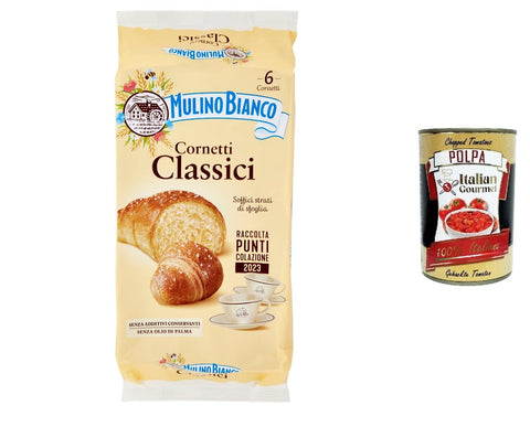 3 x Mulino Bianco Cornetti Classici Croissant Snack without Preservative Additives Briosche 240 g Biscuits + Italian Gourmet Polpa 400 g
